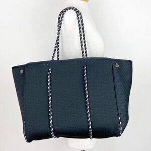 Black Perforated Neoprene Large Tote Bag Black White Rope Strap
